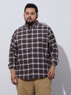 Plus Size Cotton Checks Shirt 1 Pocket Regular Fit Smart Casual Shirt, Style- Plus-1262-brown
