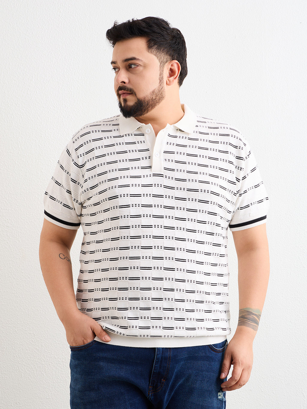 Neon Chillie Men's Plus Size Half Sleeve Polo Ribbed T Shirt - 144-White