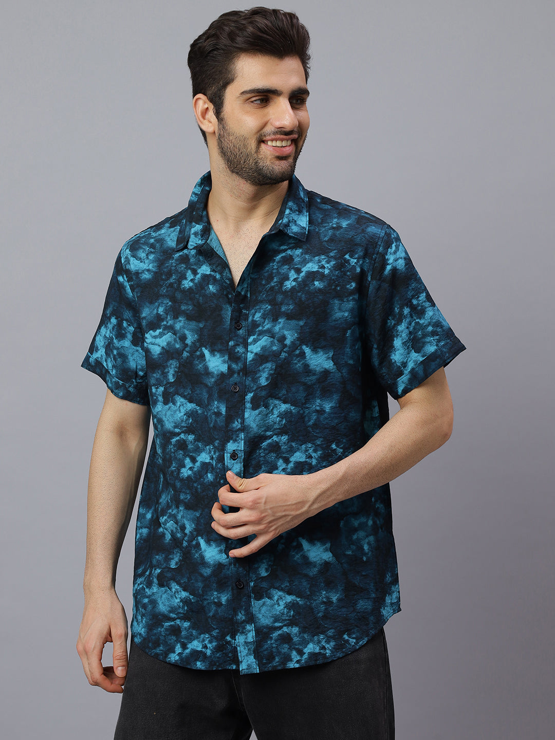 Men Blue Printed Cotton Polymide Half Sleeve Slim Fit Beach Wear Shirt