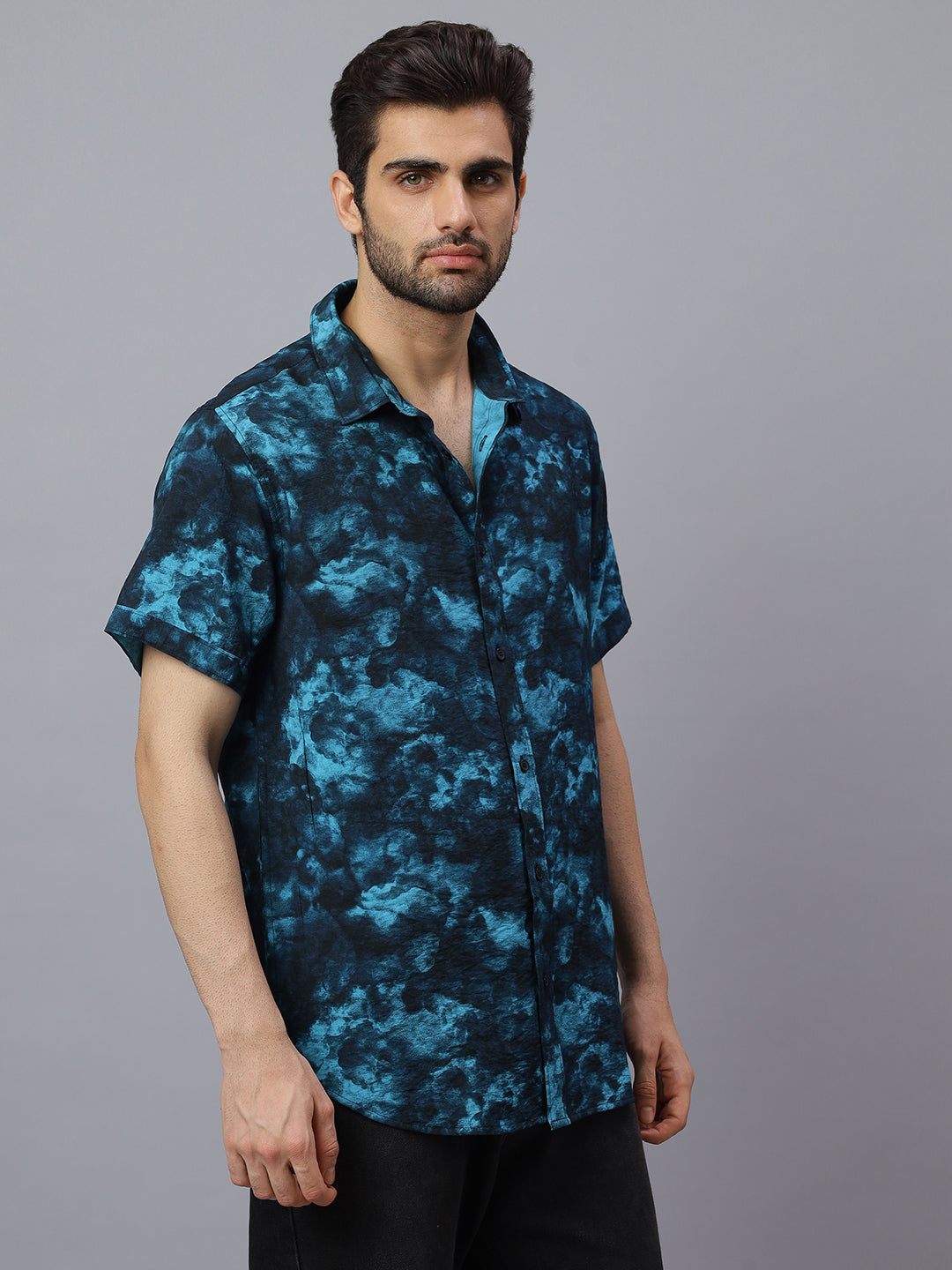 Men Blue Printed Cotton Polymide Half Sleeve Slim Fit Beach Wear Shirt