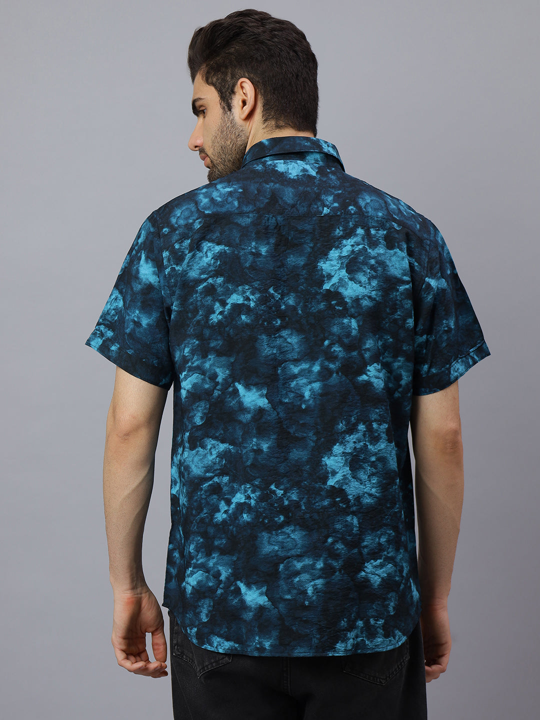 Men Blue Printed Cotton Polymide Half Sleeve Slim Fit Beach Wear Shirt