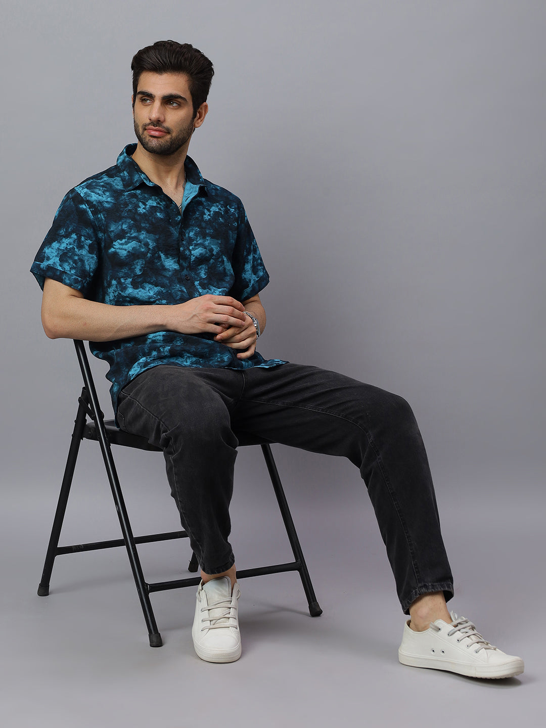 Men Blue Printed Cotton Polymide Half Sleeve Slim Fit Beach Wear Shirt
