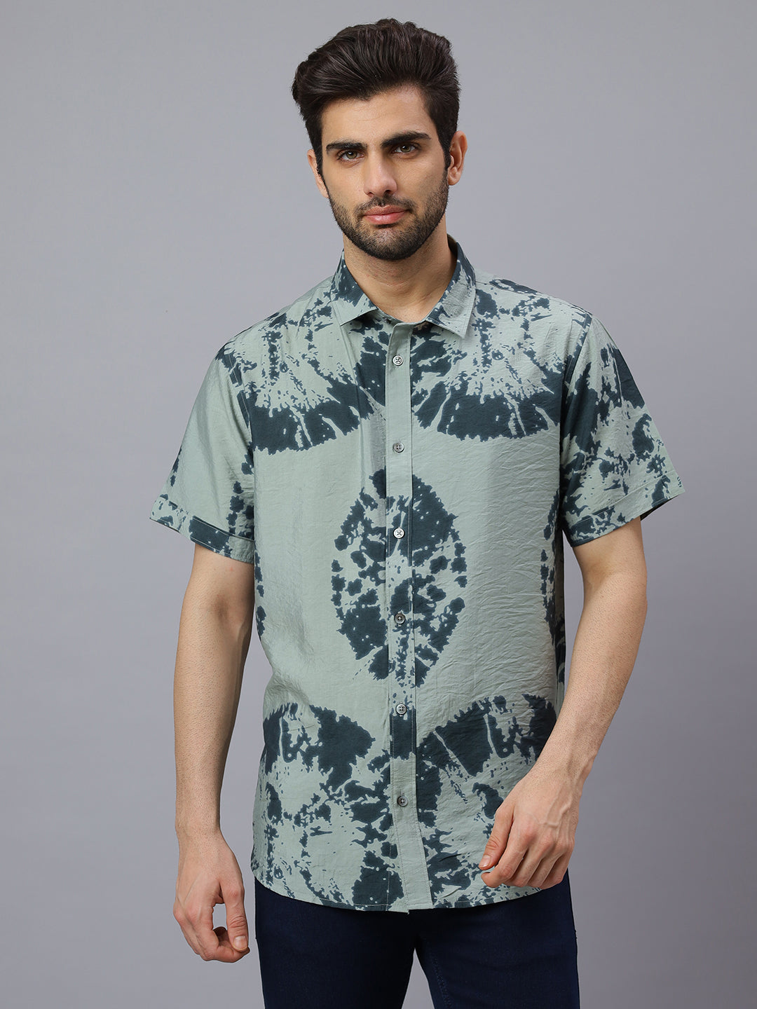 Men Olive Printed Cotton Polymide Half sleeve Shirt Slim Fit Beach Wear Shirt