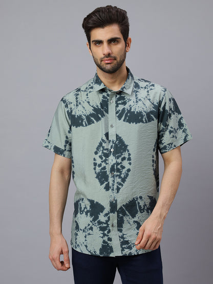 Men Olive Printed Cotton Polymide Half Sleeve Slim Fit Beach Wear Shirt