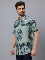 Men Olive Printed Cotton Polymide Half sleeve Shirt Slim Fit Beach Wear Shirt