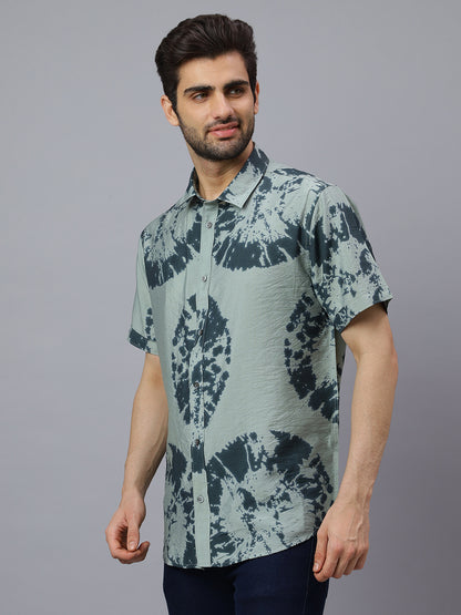 Men Olive Printed Cotton Polymide Half Sleeve Slim Fit Beach Wear Shirt