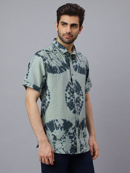 Men Olive Printed Cotton Polymide Half Sleeve Slim Fit Beach Wear Shirt