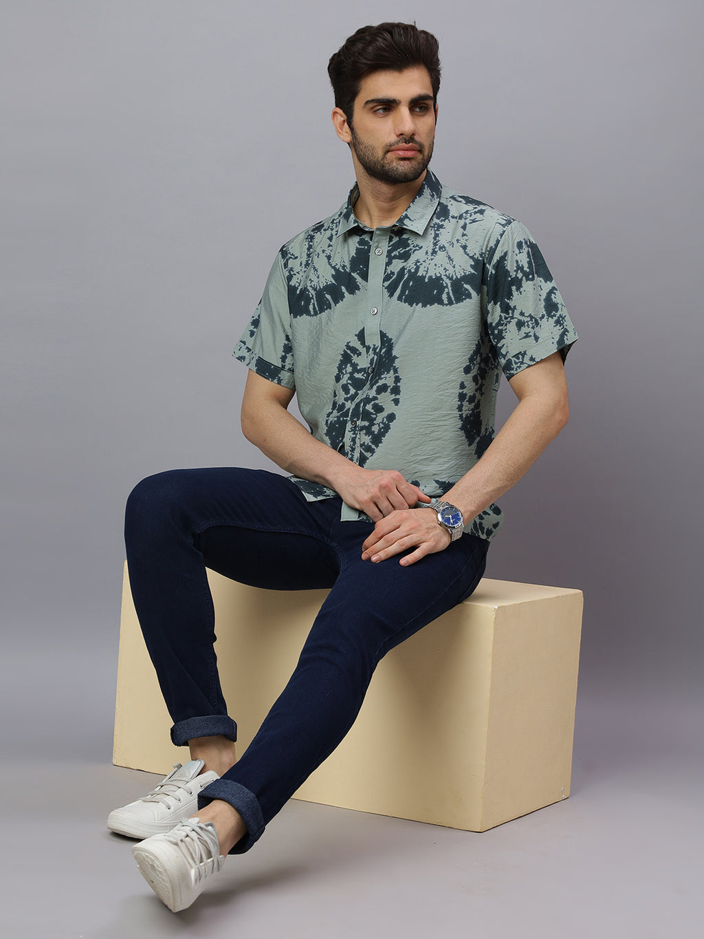 Men Olive Printed Cotton Polymide Half sleeve Shirt Slim Fit Beach Wear Shirt