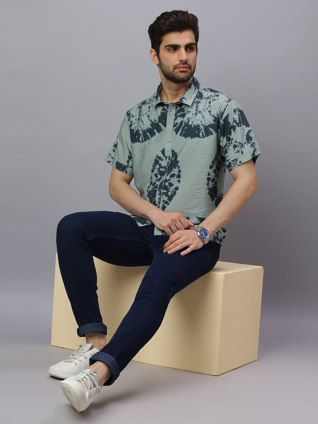 Men Olive Printed Cotton Polymide Half sleeve Shirt Slim Fit Beach Wear Shirt