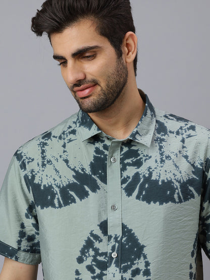 Men Olive Printed Cotton Polymide Half Sleeve Slim Fit Beach Wear Shirt