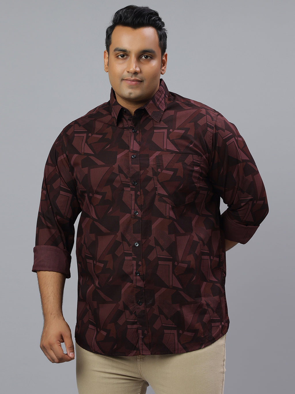 Men Wine and Black Printed Long Sleeve Cotton Plus Size Casual Shirt