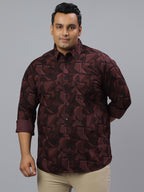 Men Wine and Black Printed Long Sleeve Cotton Plus Size Casual Shirt