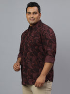 Men Wine and Black Printed Long Sleeve Cotton Plus Size Casual Shirt