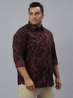 Men Wine and Black Printed Long Sleeve Cotton Plus Size Casual Shirt