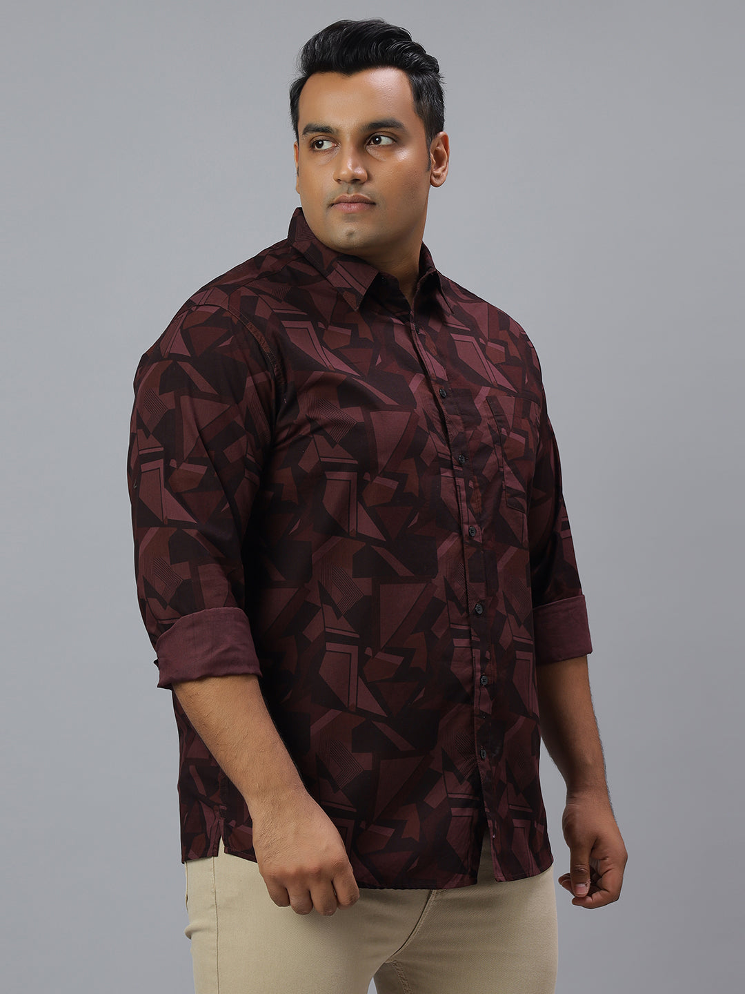Men Wine and Black Printed Long Sleeve Cotton Plus Size Casual Shirt