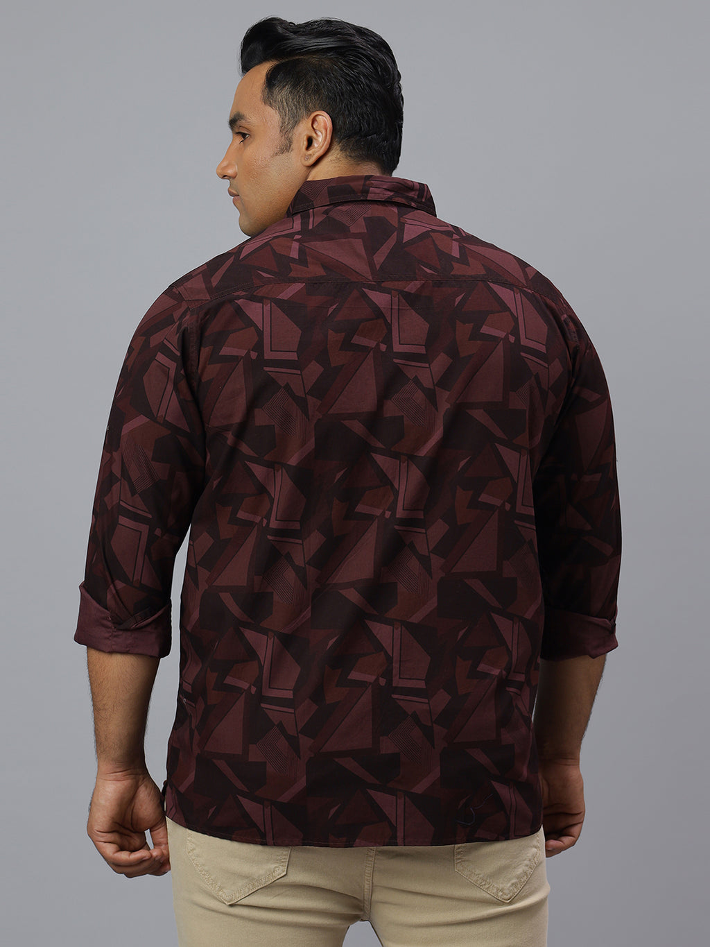 Men Wine and Black Printed Long Sleeve Cotton Plus Size Casual Shirt