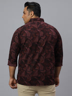 Men Wine and Black Printed Long Sleeve Cotton Plus Size Casual Shirt