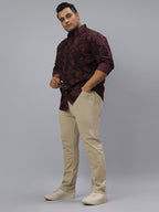Men Wine and Black Printed Long Sleeve Cotton Plus Size Casual Shirt