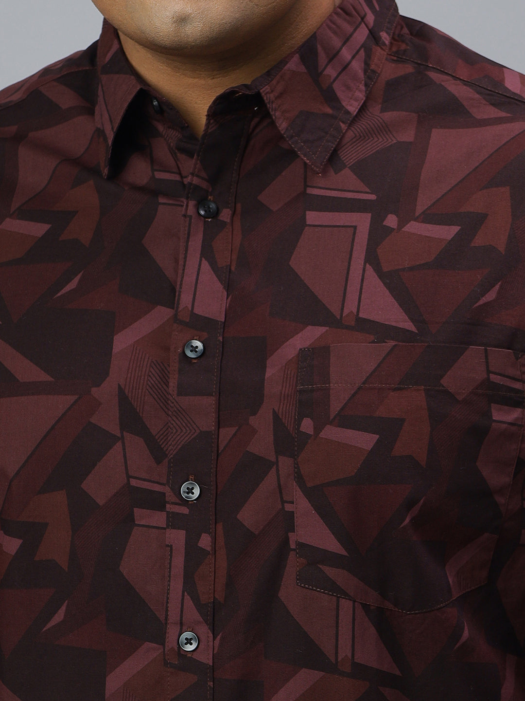 Men Wine and Black Printed Long Sleeve Cotton Plus Size Casual Shirt