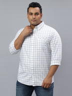 Men White Grey 1 Pocket Checkered Long Sleeve Cotton Plus Size Casual Shirt