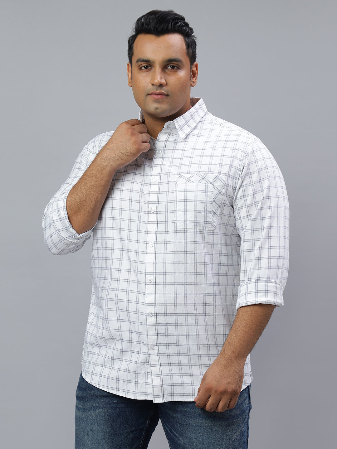 Men White Grey 1 Pocket Checkered Long Sleeve Cotton Plus Size Casual Shirt