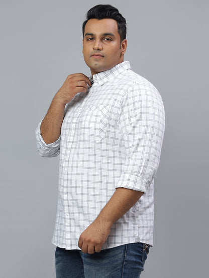 Men White Grey 1 Pocket Checkered Long Sleeve Cotton Plus Size Casual Shirt