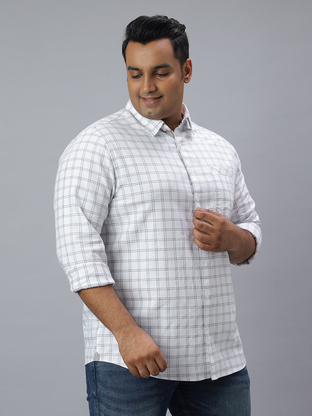 Men White Grey 1 Pocket Checkered Long Sleeve Cotton Plus Size Casual Shirt