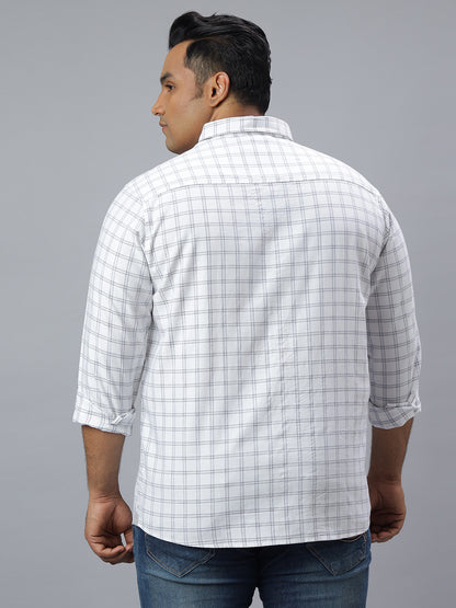 Men White Grey 1 Pocket Checkered Long Sleeve Cotton Plus Size Casual Shirt
