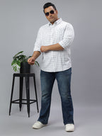 Men White Grey 1 Pocket Checkered Long Sleeve Cotton Plus Size Casual Shirt