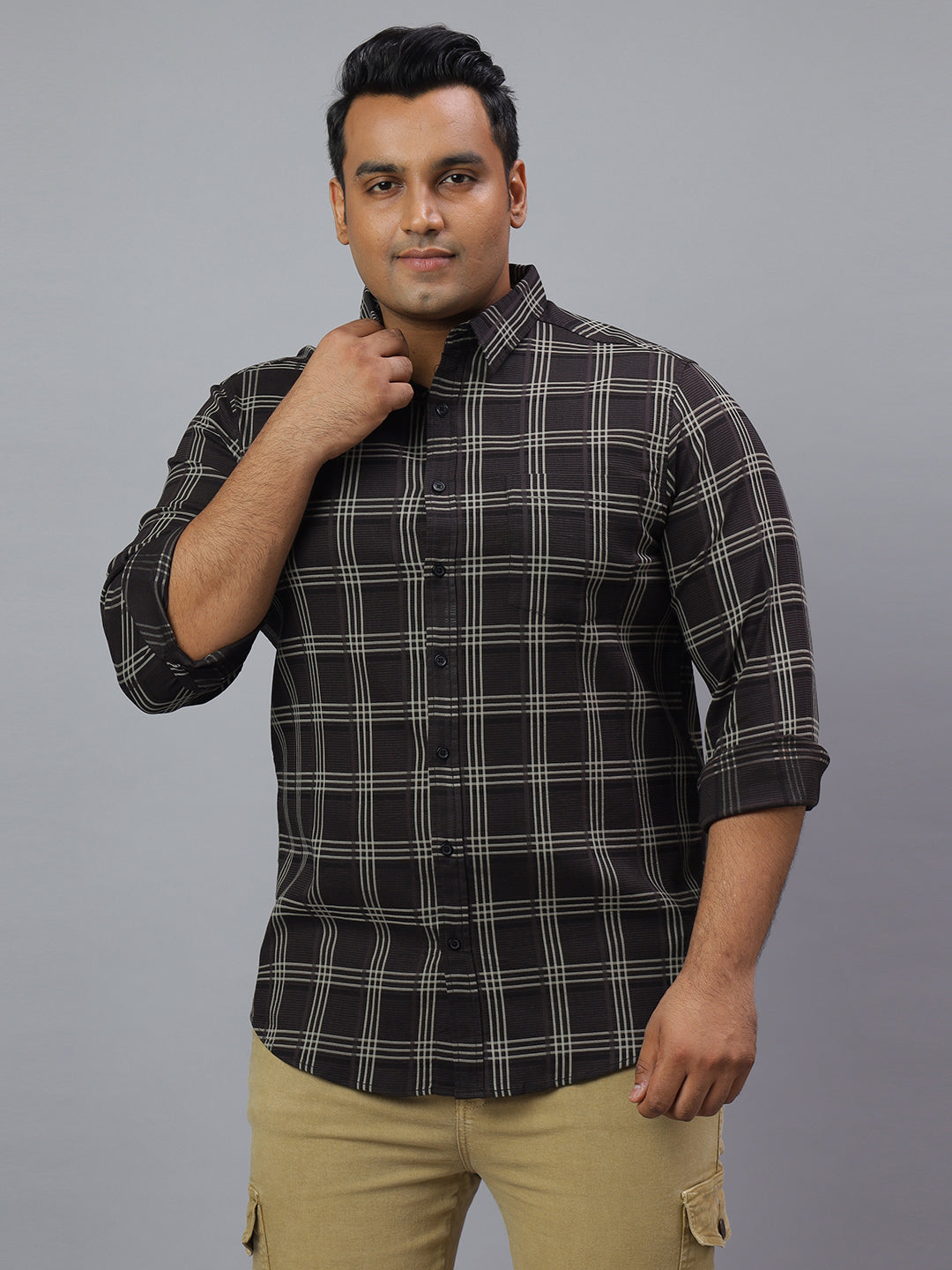Men Black and White Checkered Long Sleeve Cotton Lycra Plus Size Casual Shirt