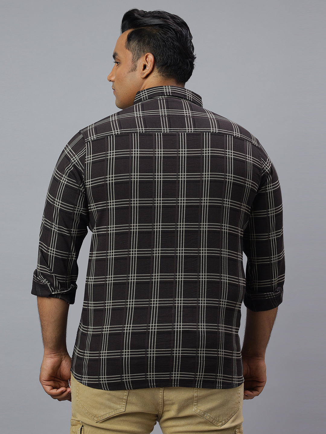 Men Black and White Checkered Long Sleeve Cotton Lycra Plus Size Casual Shirt