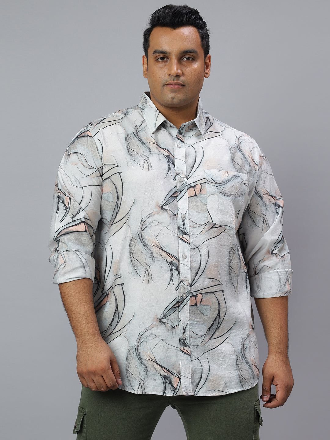 Men Grey and White Printed Long Sleeve Viscose Polymide Size Casual Shirt