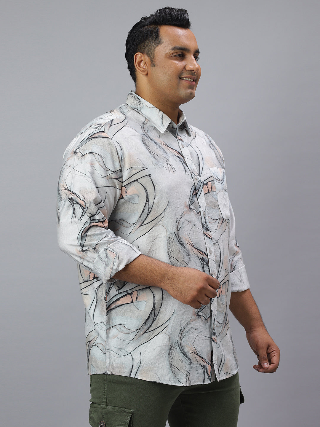 Men Grey and White Printed Long Sleeve Viscose Polymide Size Casual Shirt