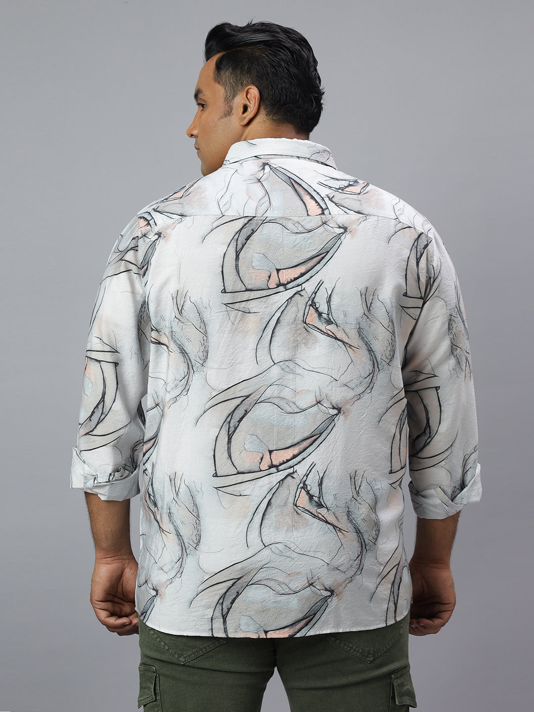 Men Grey and White Printed Long Sleeve Viscose Polymide Size Casual Shirt