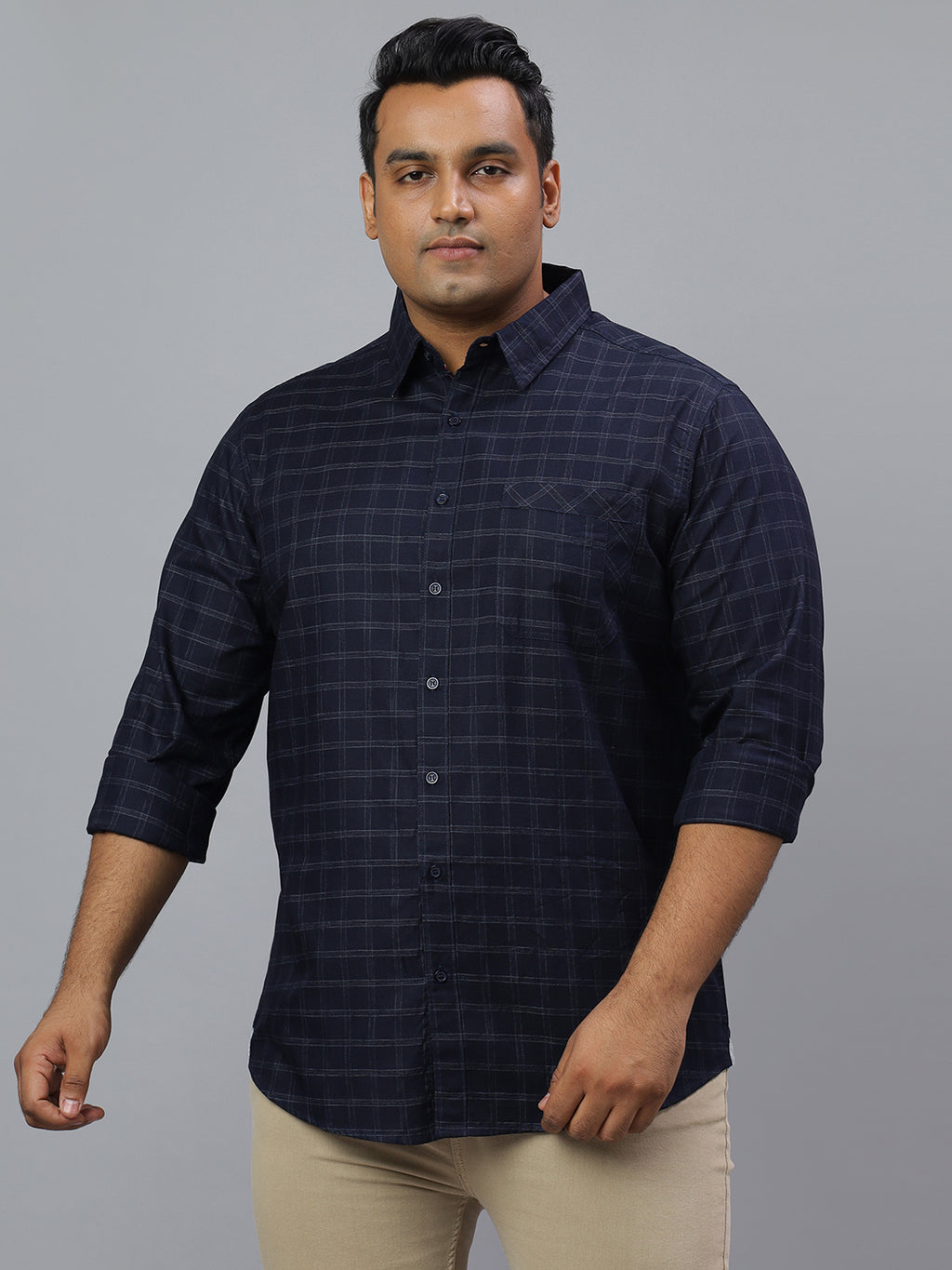 Men Navy Grey 1 Pocket Checkered Long Sleeve Cotton Plus Size Casual Shirt