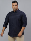 Men Navy Grey 1 Pocket Checkered Long Sleeve Cotton Plus Size Casual Shirt
