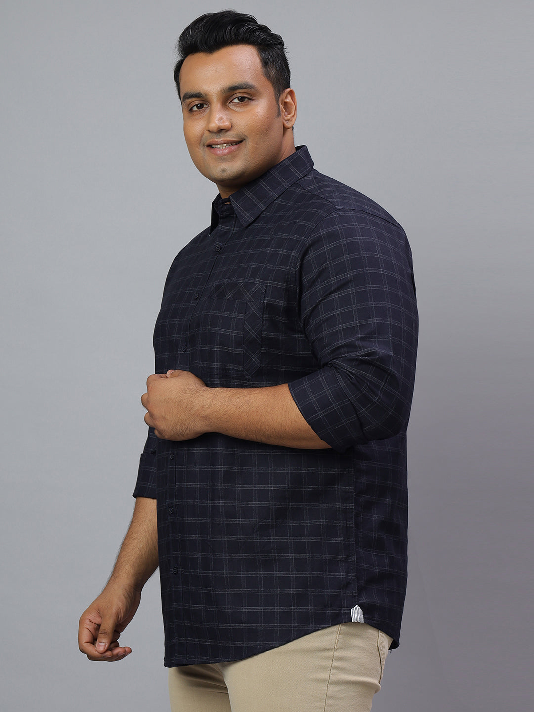 Men Navy Grey 1 Pocket Checkered Long Sleeve Cotton Plus Size Casual Shirt