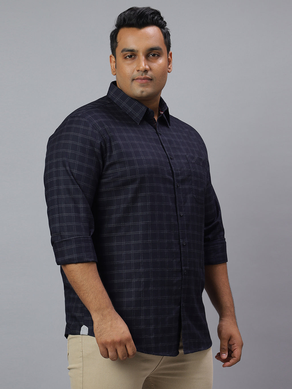 Men Navy Grey 1 Pocket Checkered Long Sleeve Cotton Plus Size Casual Shirt