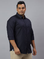 Men Navy Grey 1 Pocket Checkered Long Sleeve Cotton Plus Size Casual Shirt