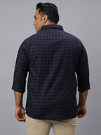 Men Navy Grey 1 Pocket Checkered Long Sleeve Cotton Plus Size Casual Shirt