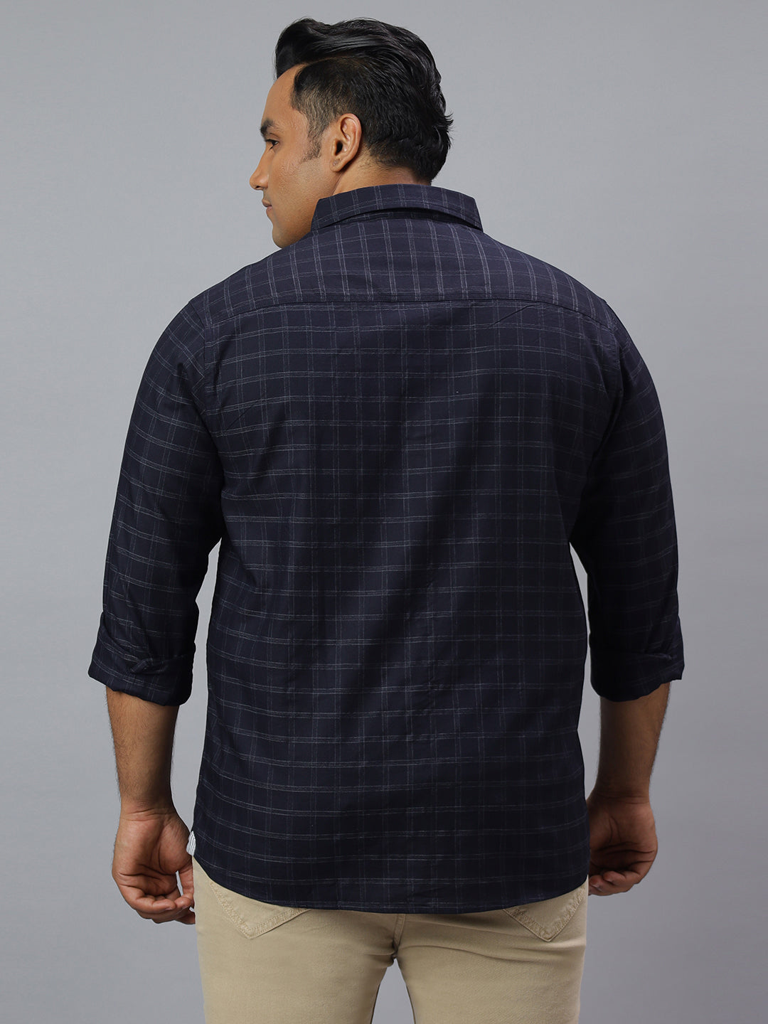 Men Navy Grey 1 Pocket Checkered Long Sleeve Cotton Plus Size Casual Shirt