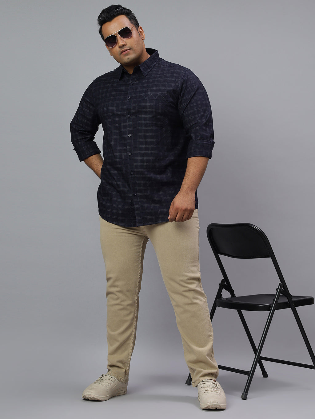 Men Navy Grey 1 Pocket Checkered Long Sleeve Cotton Plus Size Casual Shirt