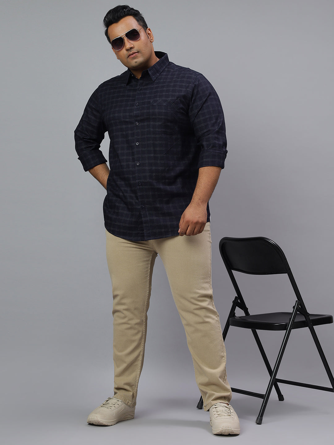 Men Navy Grey 1 Pocket Checkered Long Sleeve Cotton Plus Size Casual Shirt