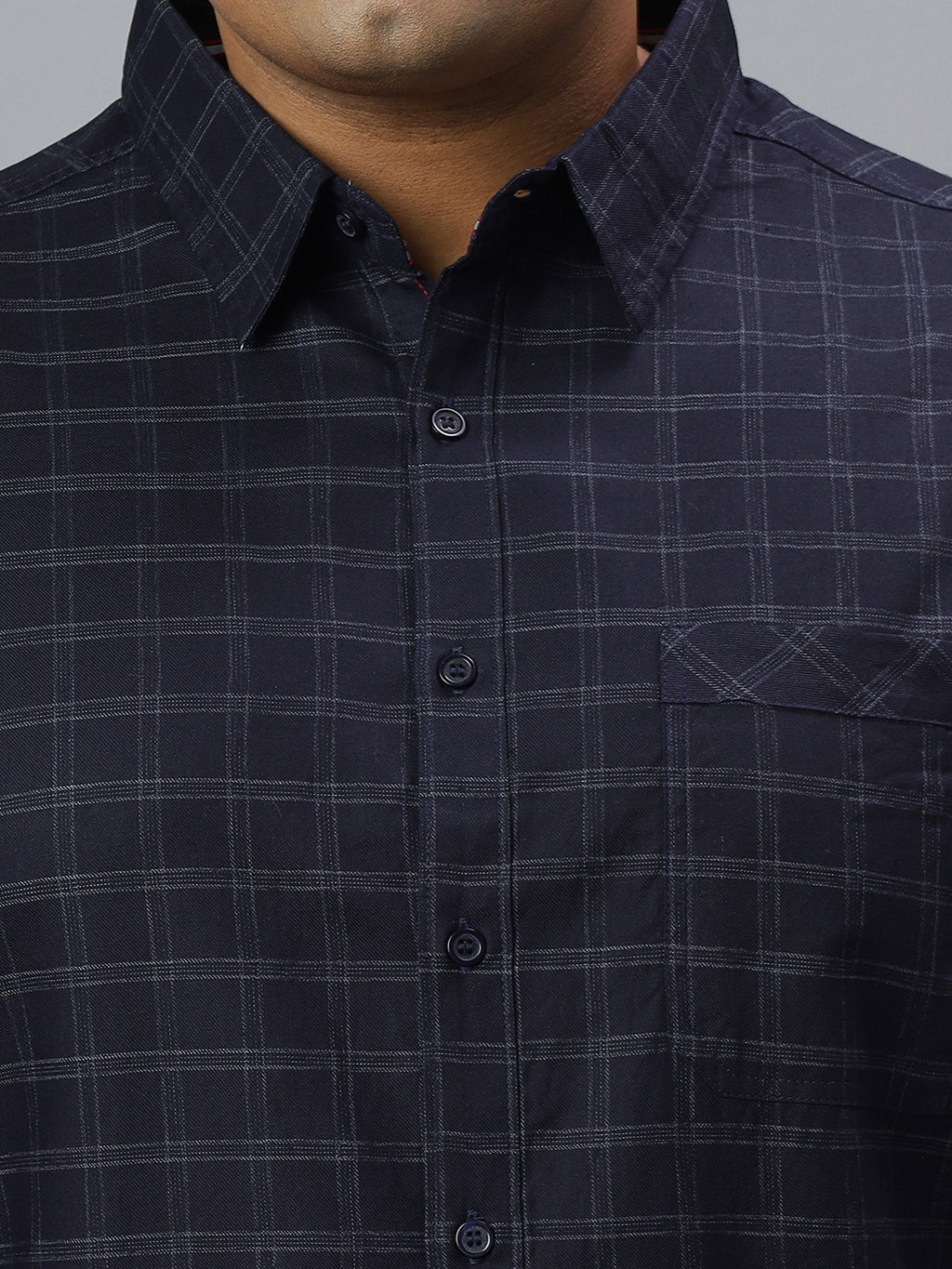 Men Navy Grey 1 Pocket Checkered Long Sleeve Cotton Plus Size Casual Shirt