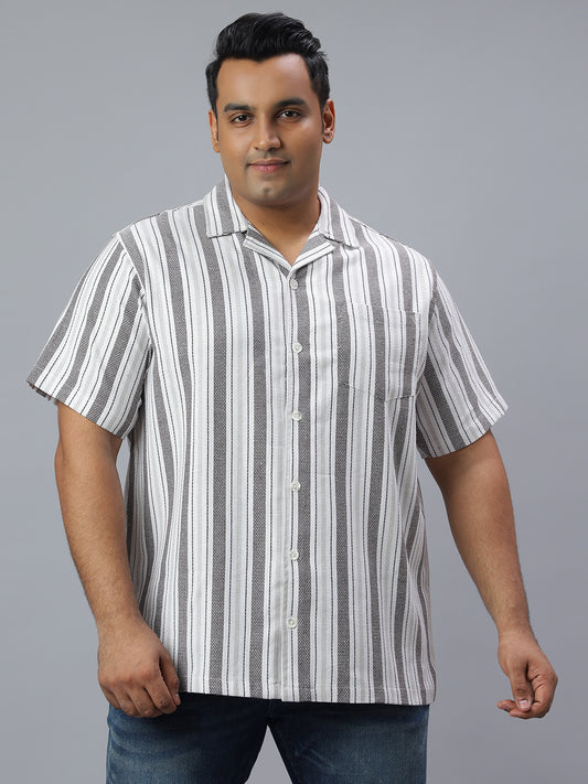 Men Brown White Stripe Half Sleeve Poly Cotton Plus Size Casual Shirt