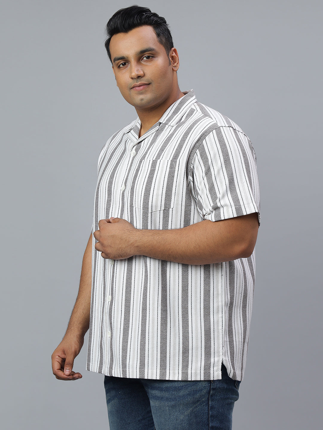 Men Brown White Stripe Half Sleeve Poly Cotton Plus Size Casual Shirt