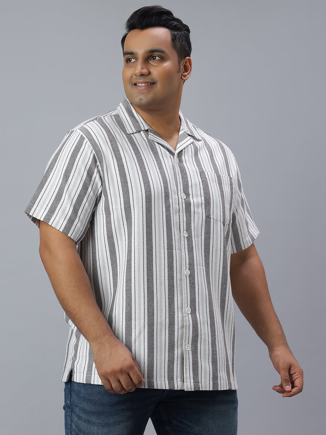 Men Brown White Stripe Half Sleeve Poly Cotton Plus Size Casual Shirt