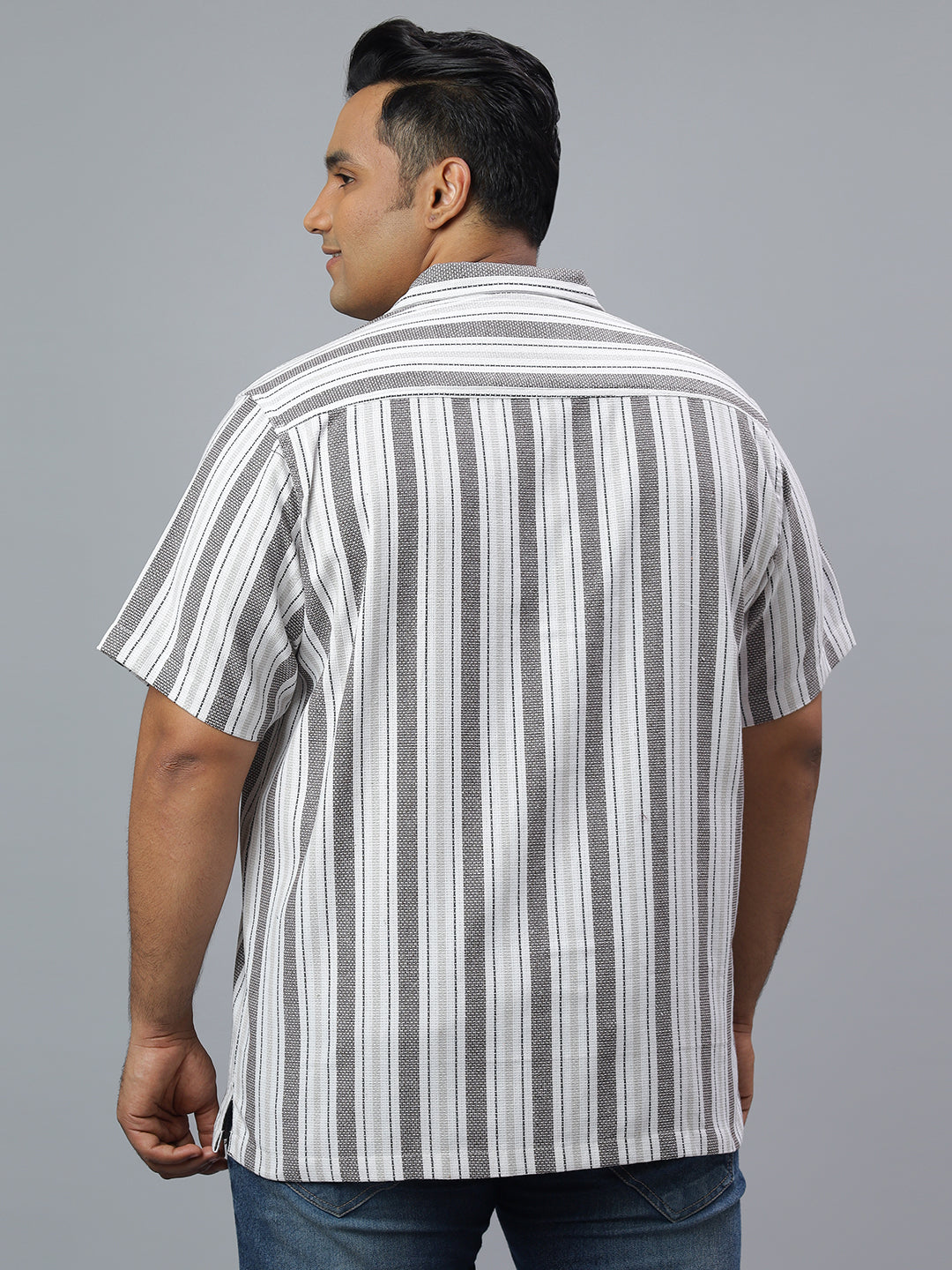 Men Brown White Stripe Half Sleeve Poly Cotton Plus Size Casual Shirt