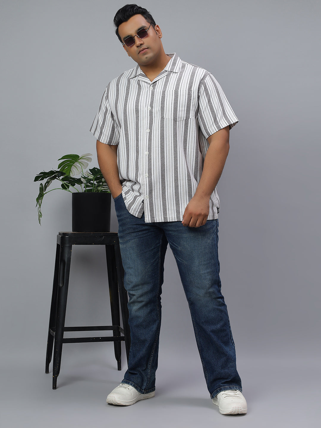 Men Brown White Stripe Half Sleeve Poly Cotton Plus Size Casual Shirt