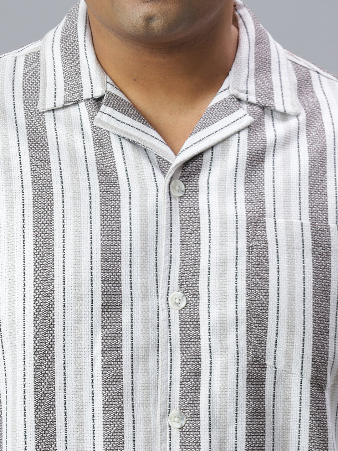 Men Brown White Stripe Half Sleeve Poly Cotton Plus Size Casual Shirt